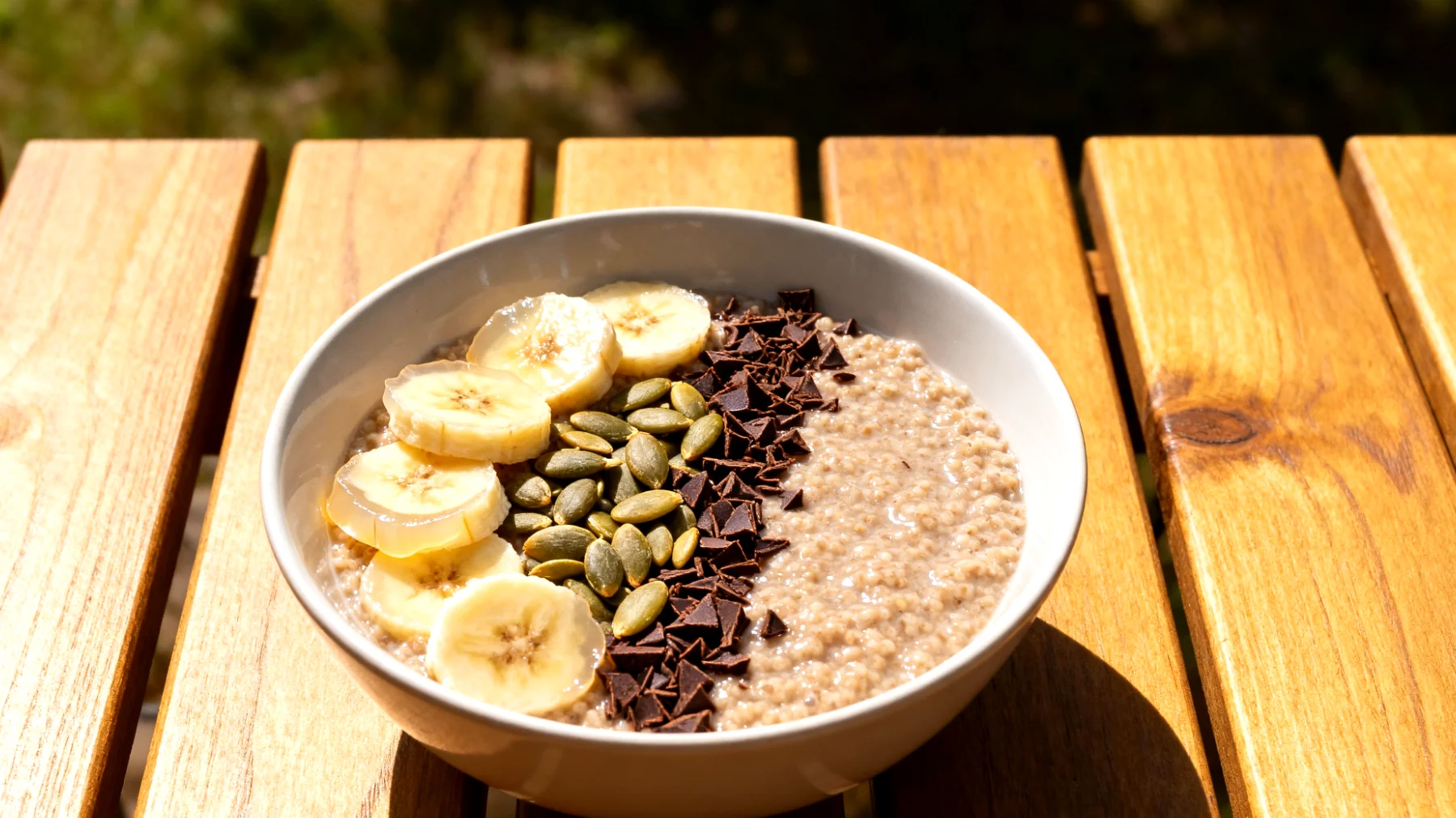 Amaranth-Bananen-Porridge mit Kürbiskernen und Kakao-Nibs"