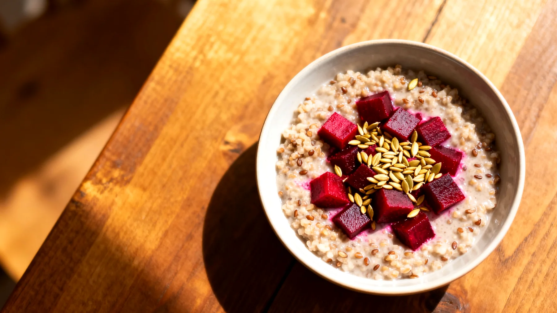 Amaranth-Buchweizen-Porridge mit fermentierten Rote-Bete-Würfeln und Hanfsamen"