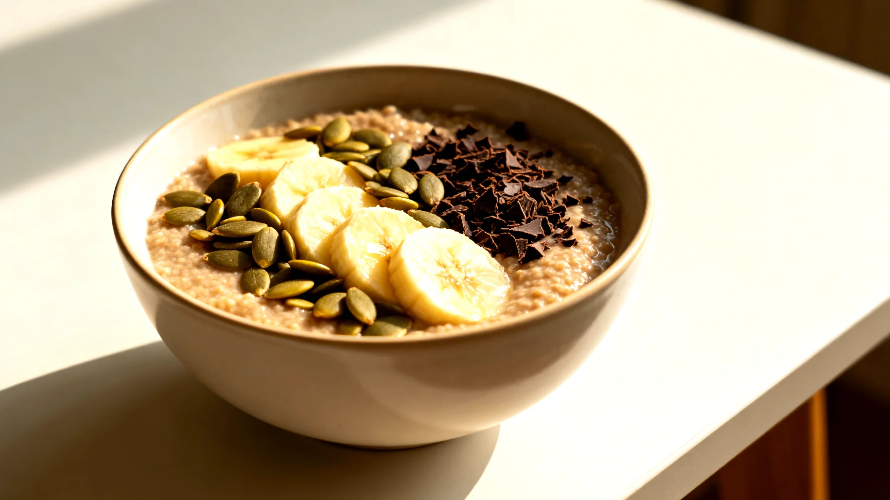 Amaranth-Porridge mit Kürbiskernen, Banane und Kakao-Nibs"