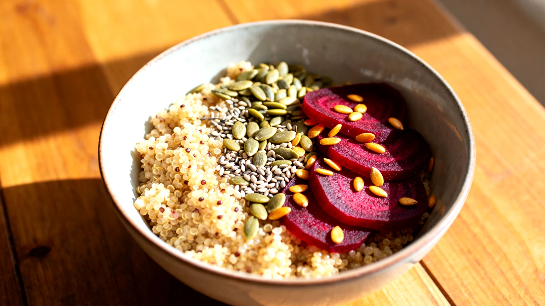 Amaranth-Quinoa-Bowl mit Hanfsamen, Kürbiskernen und fermentierten Rote Bete"