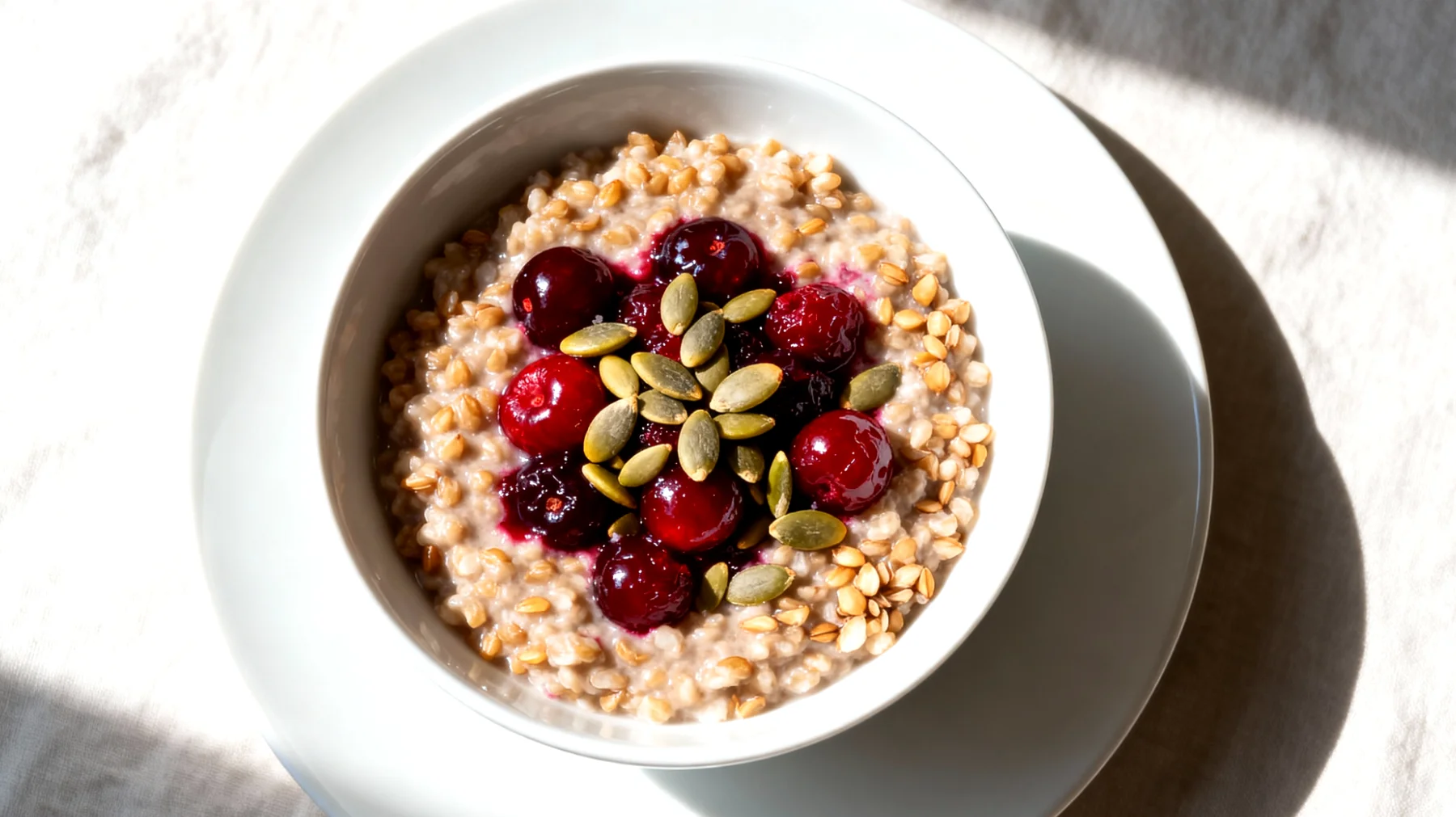 Buchweizen-Porridge mit fermentierten Beeren und Kürbiskernen"