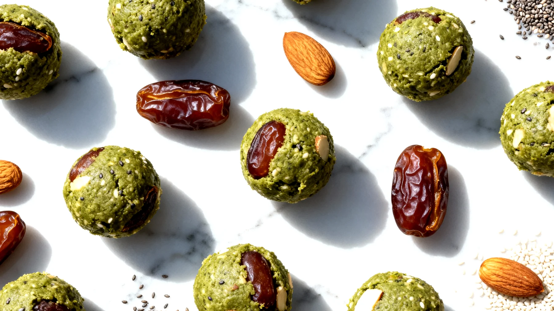Dattel-Mandel-Energiebällchen mit Matcha und Chiasamen"