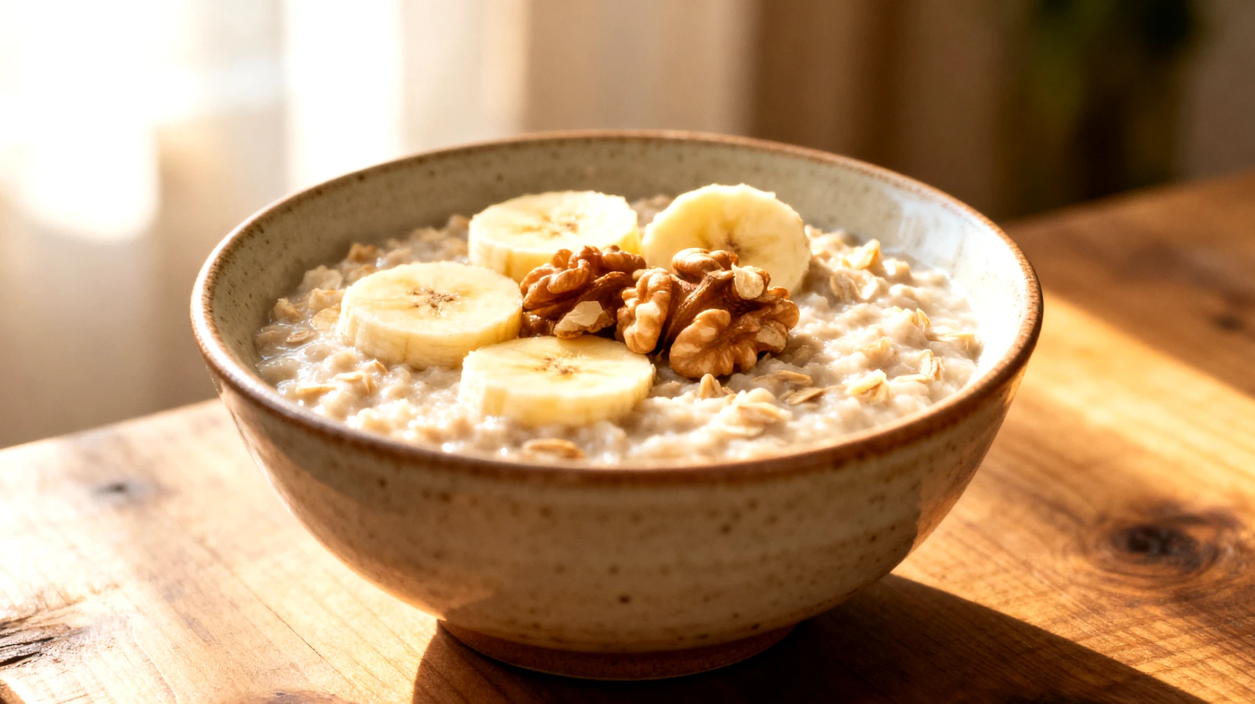 Hafer-Porridge mit Ashwagandha, Walnüssen und Bananenscheiben"