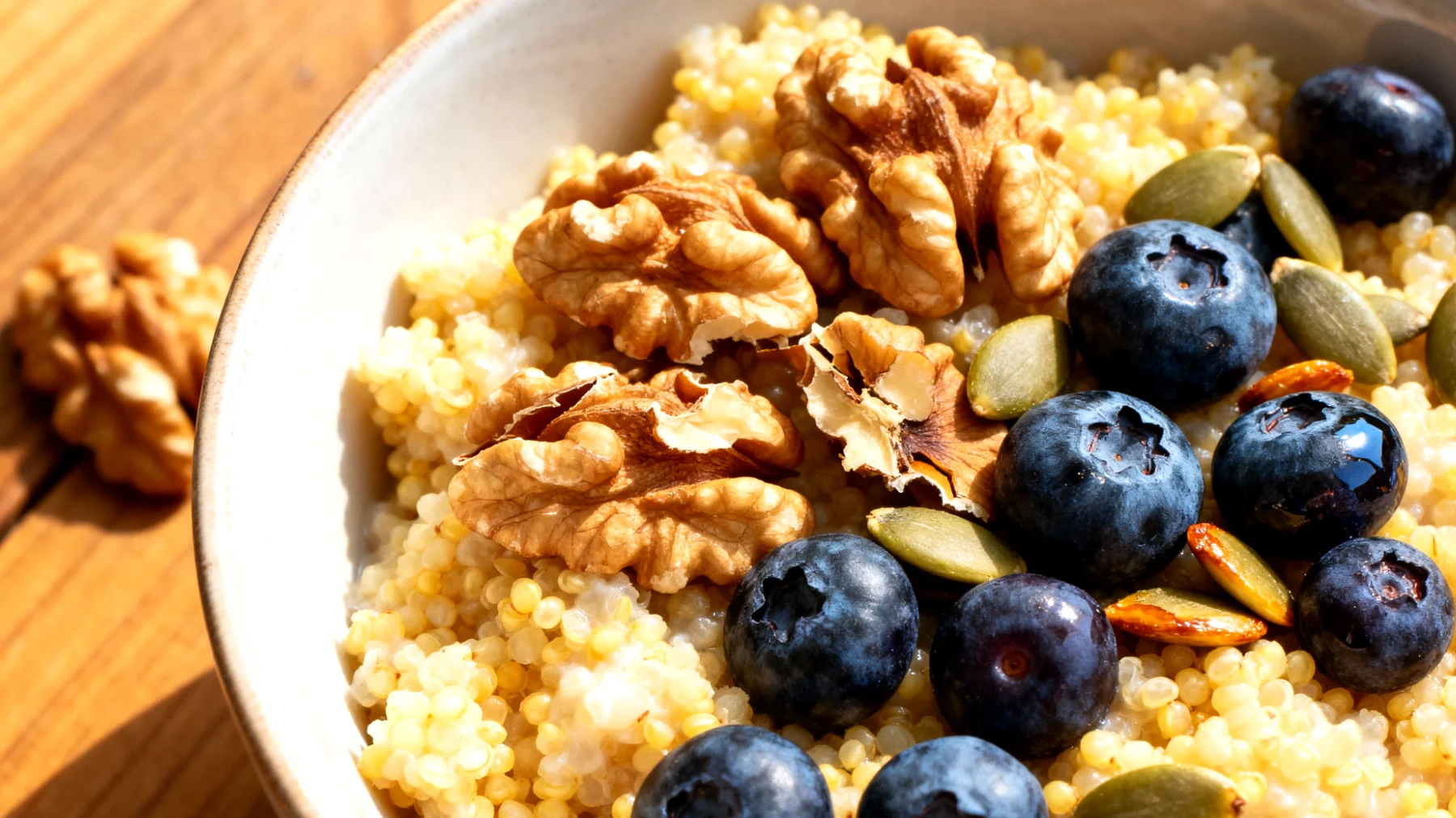 Hirse-Bowl mit Walnüssen, Blaubeeren und Kürbiskernen"