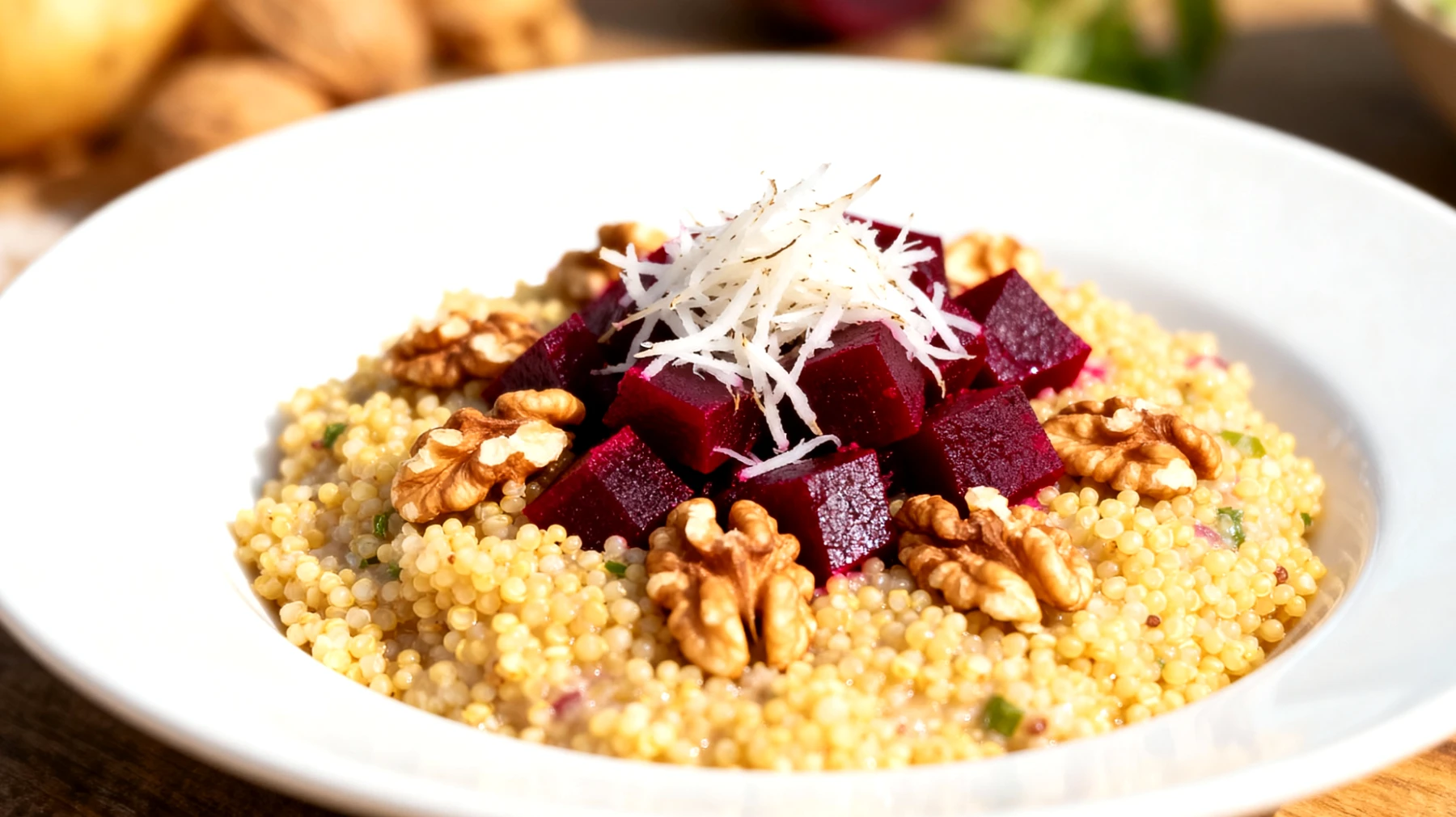 Hirse-Salat mit Meerrettich, Walnüssen und fermentierten Rote Bete"