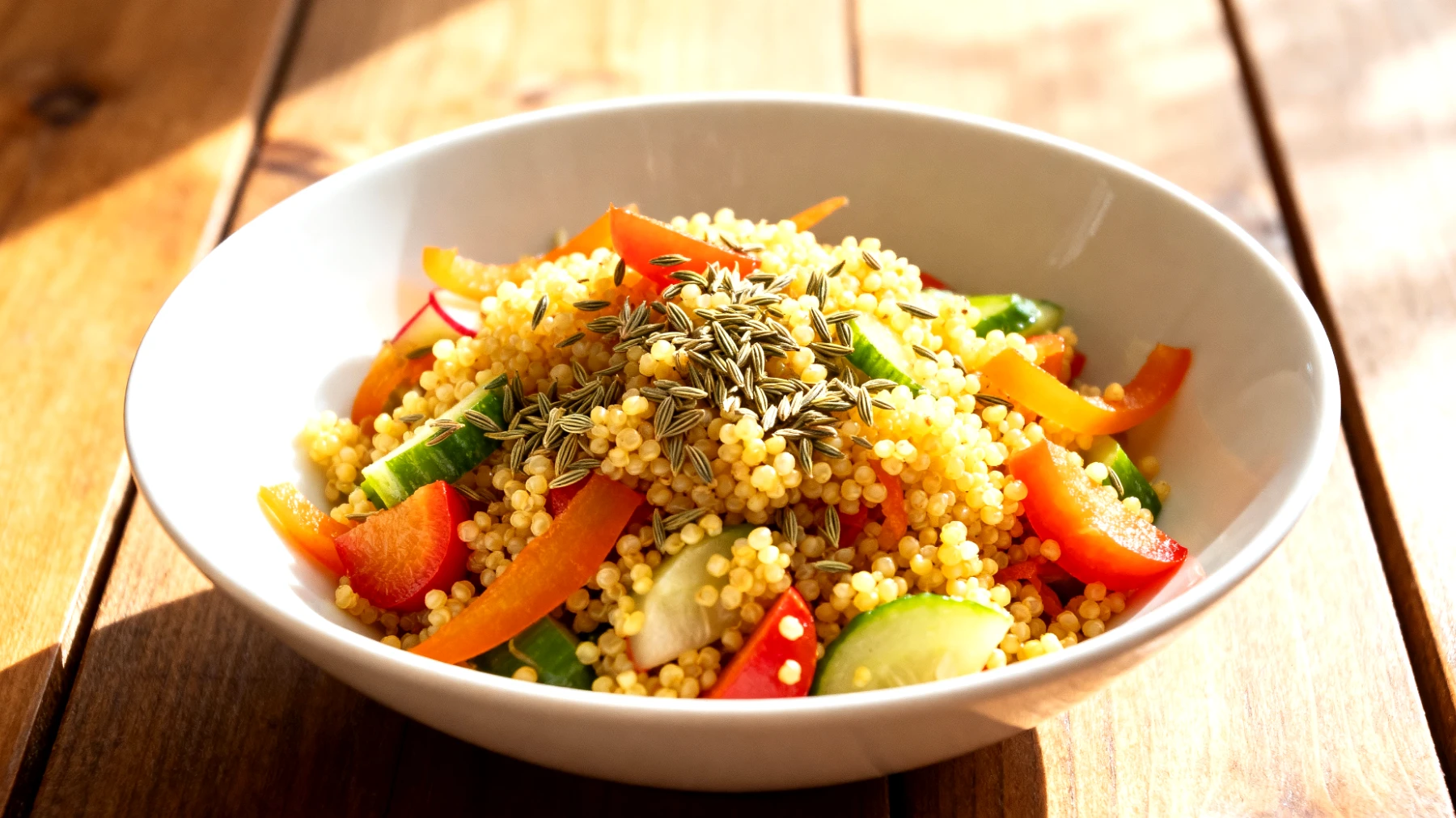 Hirsesalat mit fermentiertem Gemüse und Kümmel"