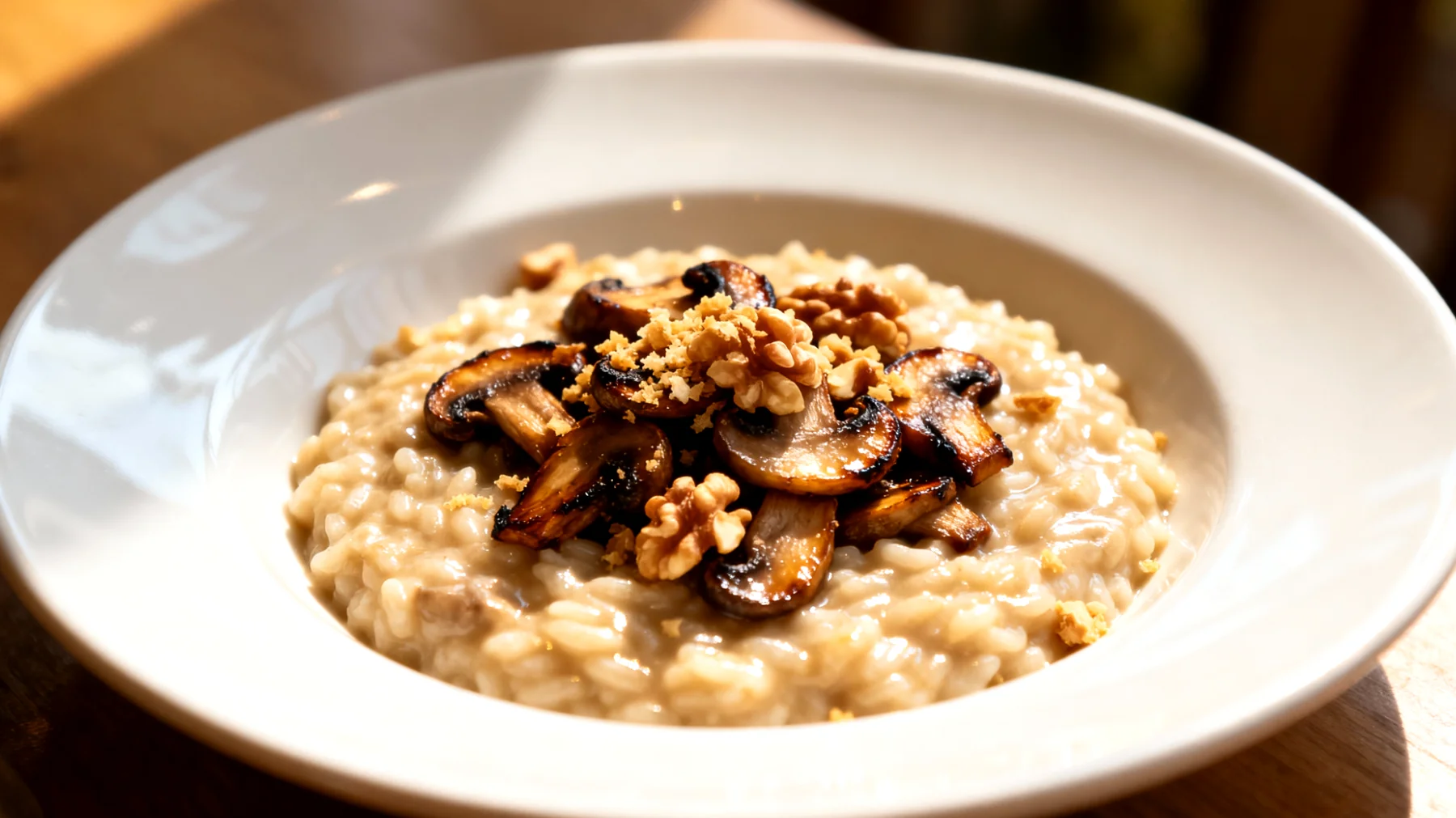 Hirsotto mit Pilzen und Walnüssen"