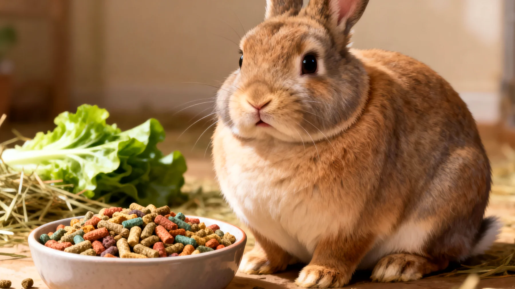 Viele Kaninchenbesitzer füttern ihre erwachsenen Kaninchen mit handelsüblichem Trockenfutter oder zu viel Getreide, was zu Verdauungsproblemen, Übergewicht und Zahnproblemen führen kann, obwohl eine artgerechte Ernährung hauptsächlich aus Heu, Frischfutter und Blattgemüse bestehen sollte"