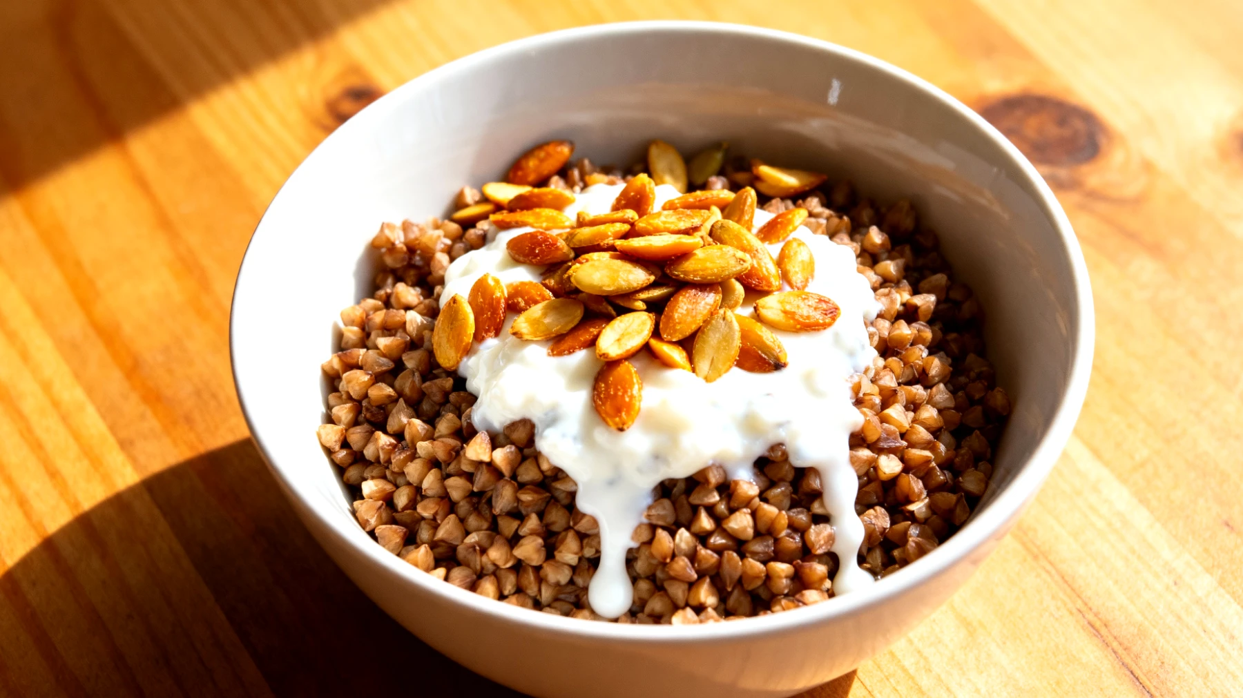 Kasha (gerösteter Buchweizen) mit Kefir und gerösteten Kürbiskernen"