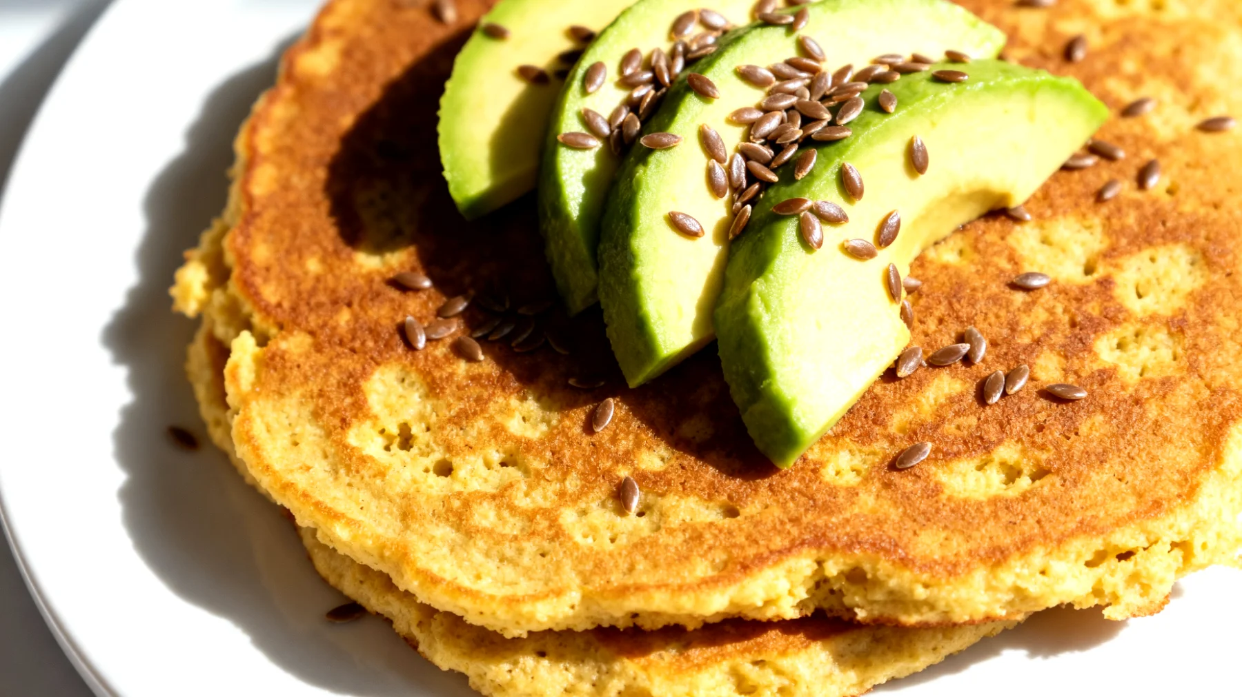 Kichererbsen-Pancakes mit Avocado und Leinsamen (Socca-Wraps)"