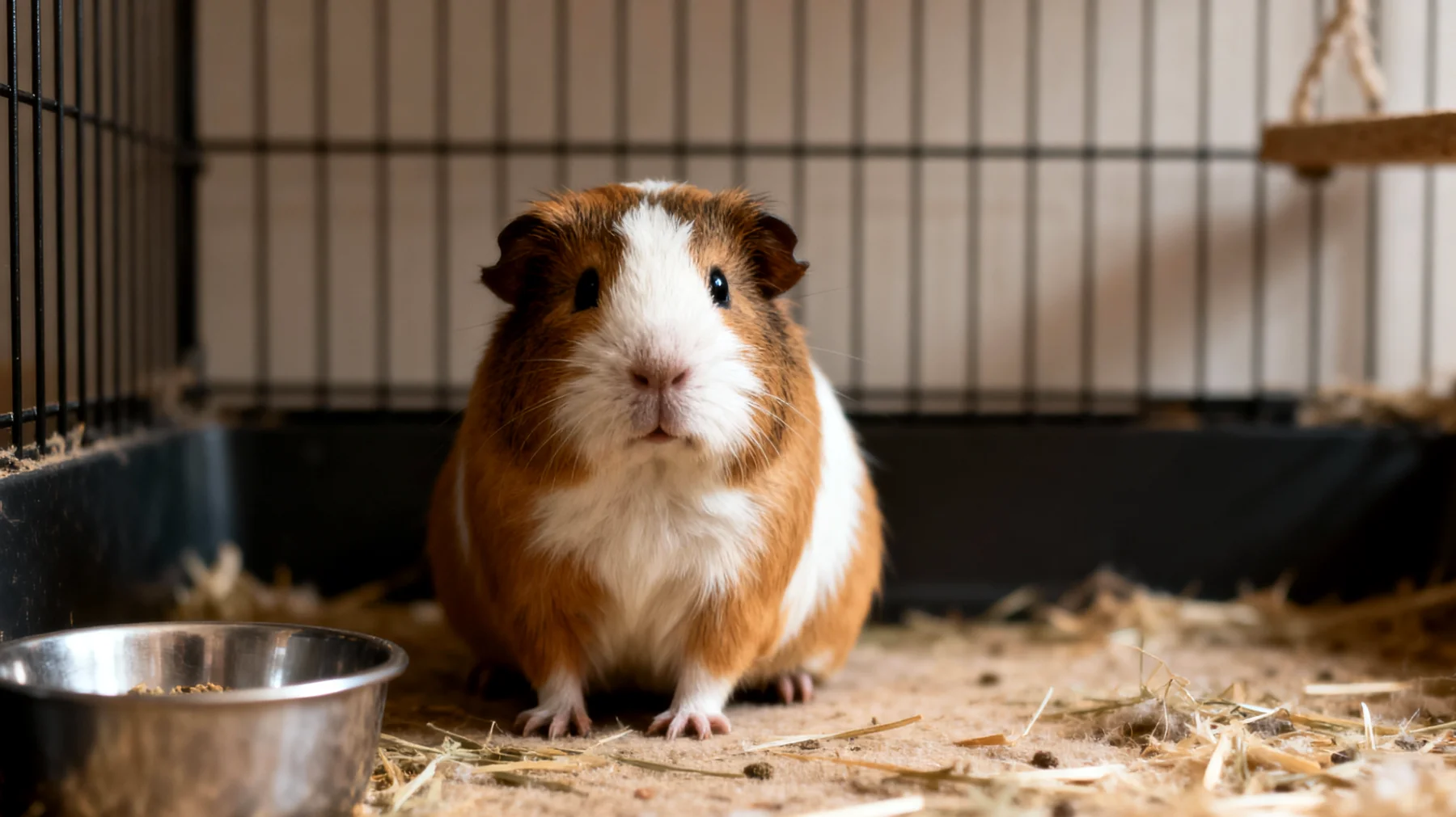 Erwachsene Meerschweinchen zeigen Langeweile und Inaktivität aufgrund mangelnder geistiger und körperlicher Stimulation in ihrem Gehege"