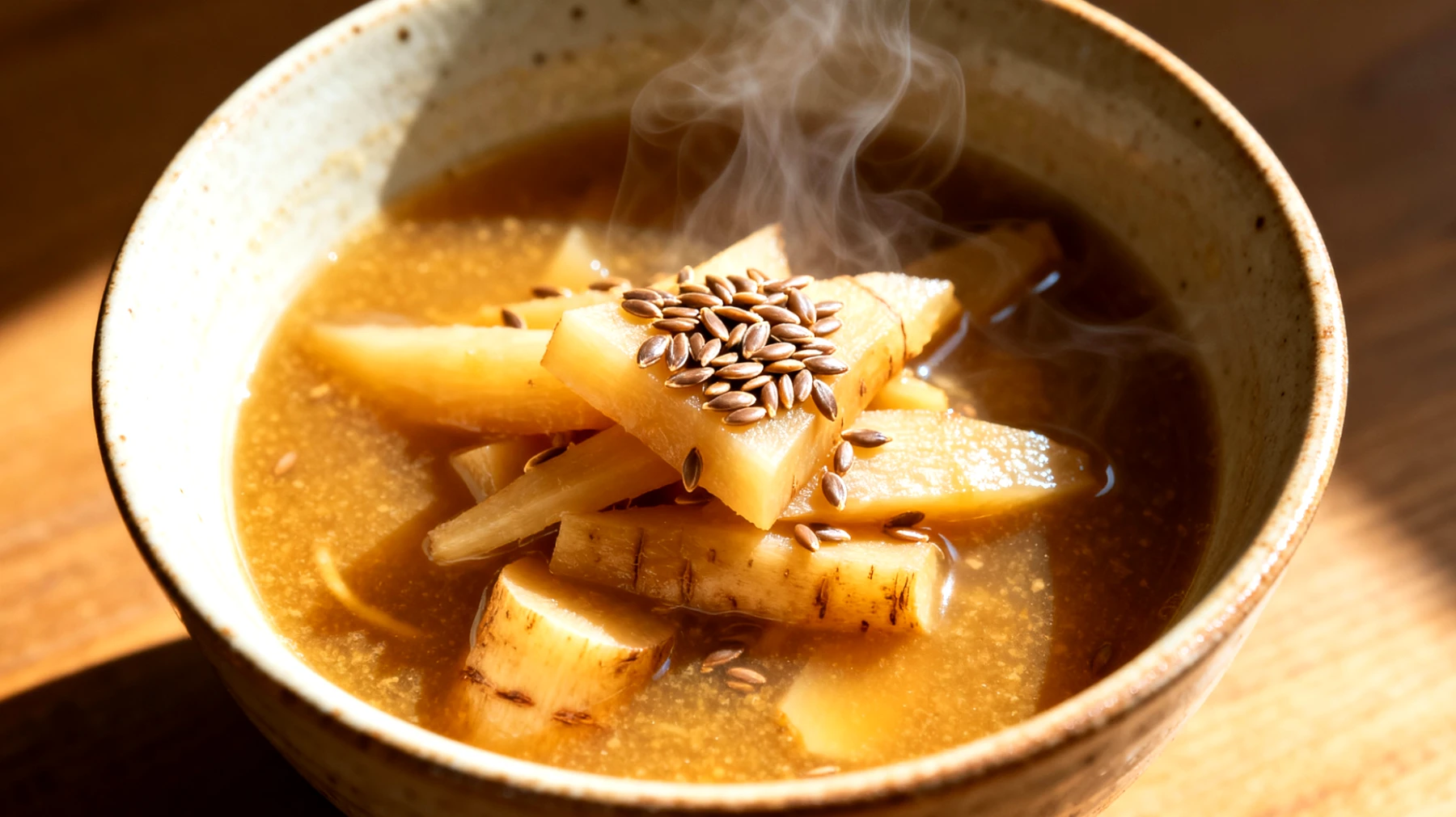 Miso-Suppe mit fermentierten Wurzelgemüse und Leinsamen"