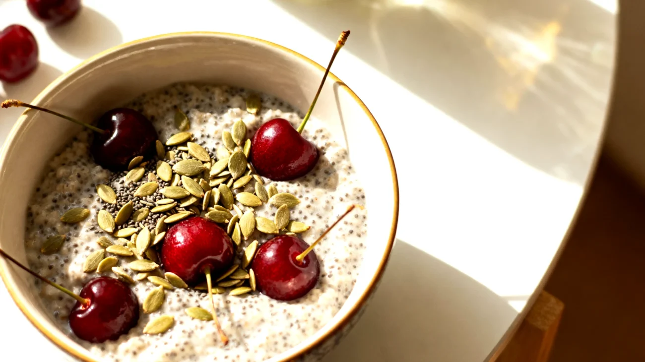 Mohnmilchbrei mit Hanfsamen und Sauerkirschen"