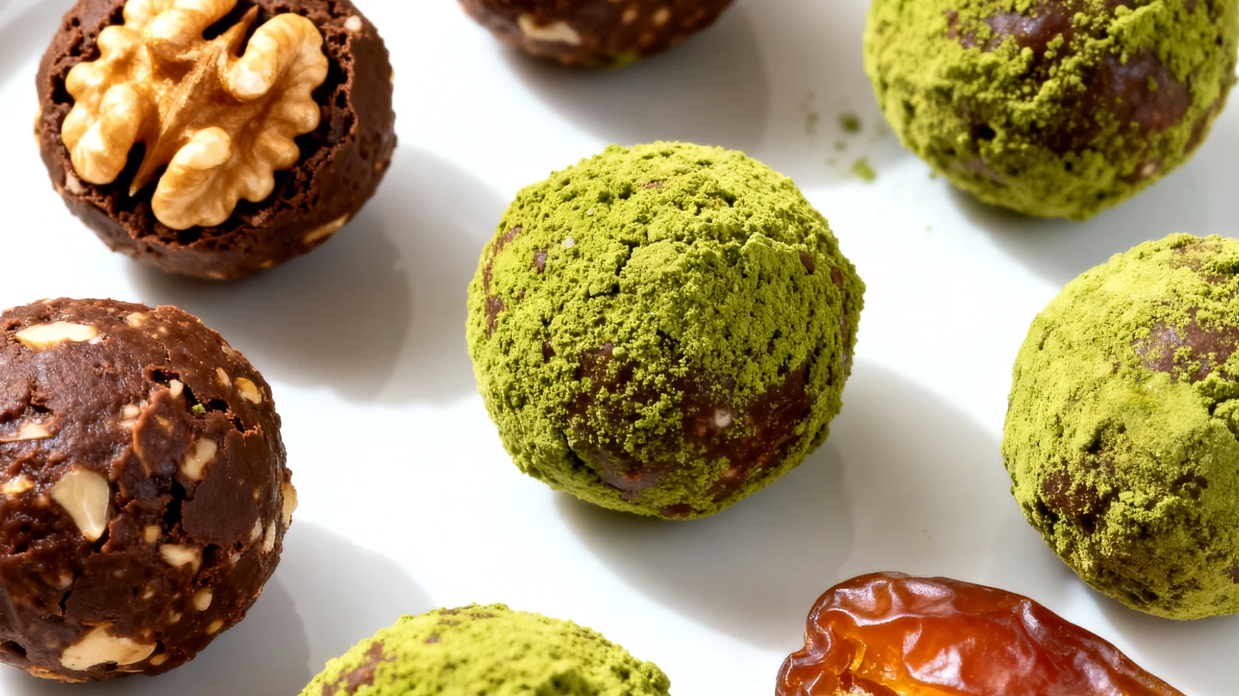 Walnuss-Kakao-Energiekugeln mit Matcha und Datteln"