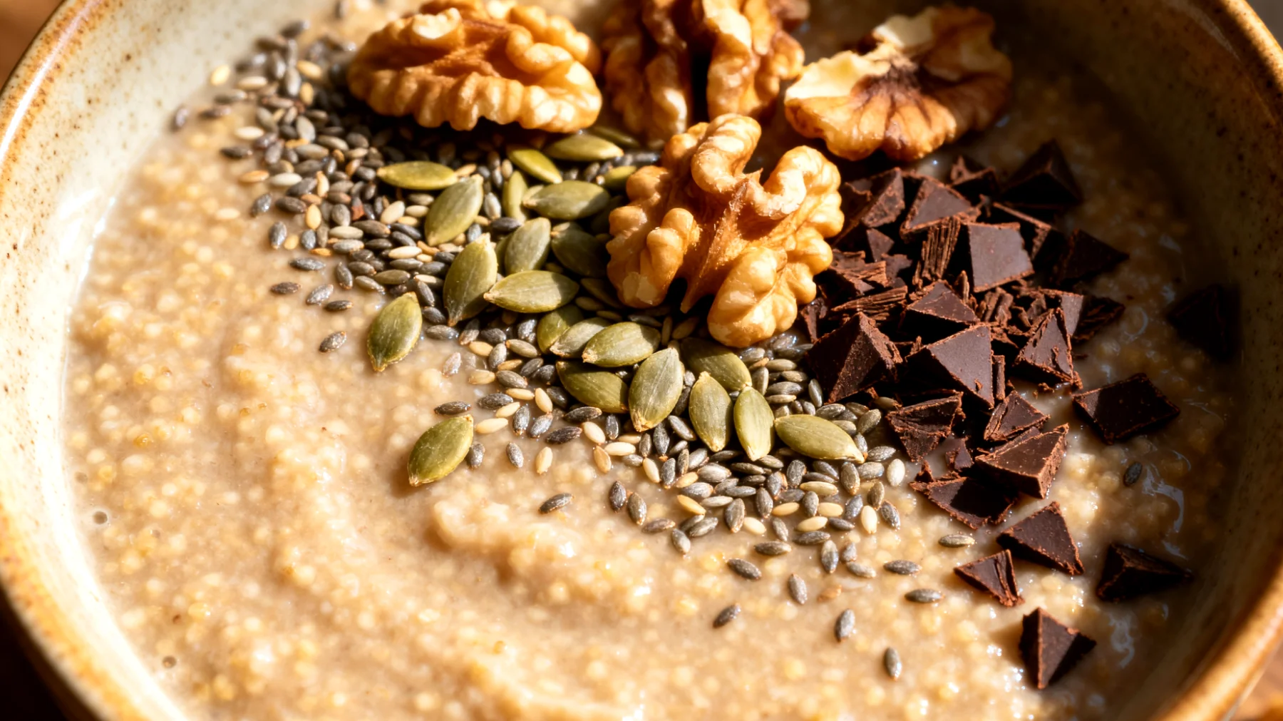 Amaranth-Porridge mit Hanfsamen, Walnüssen und Kakao-Nibs"