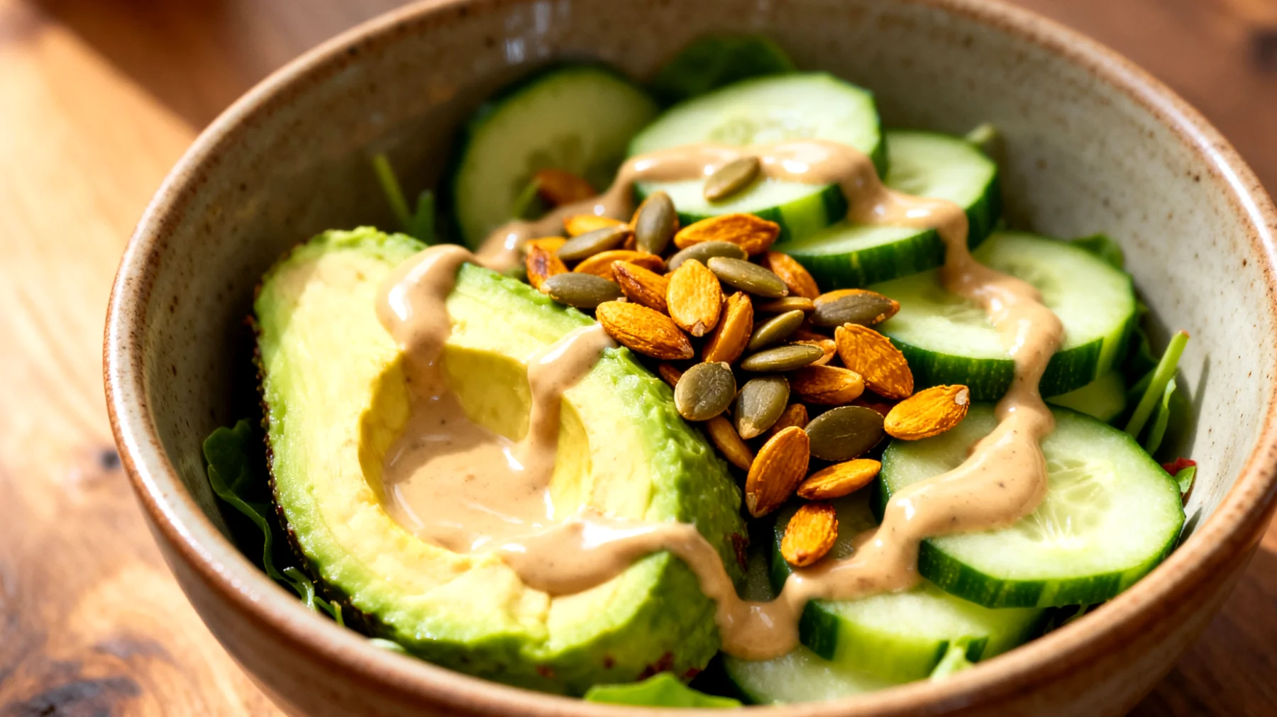 Avocado-Tahini-Bowl mit gerösteten Kürbiskernen und Gurke"