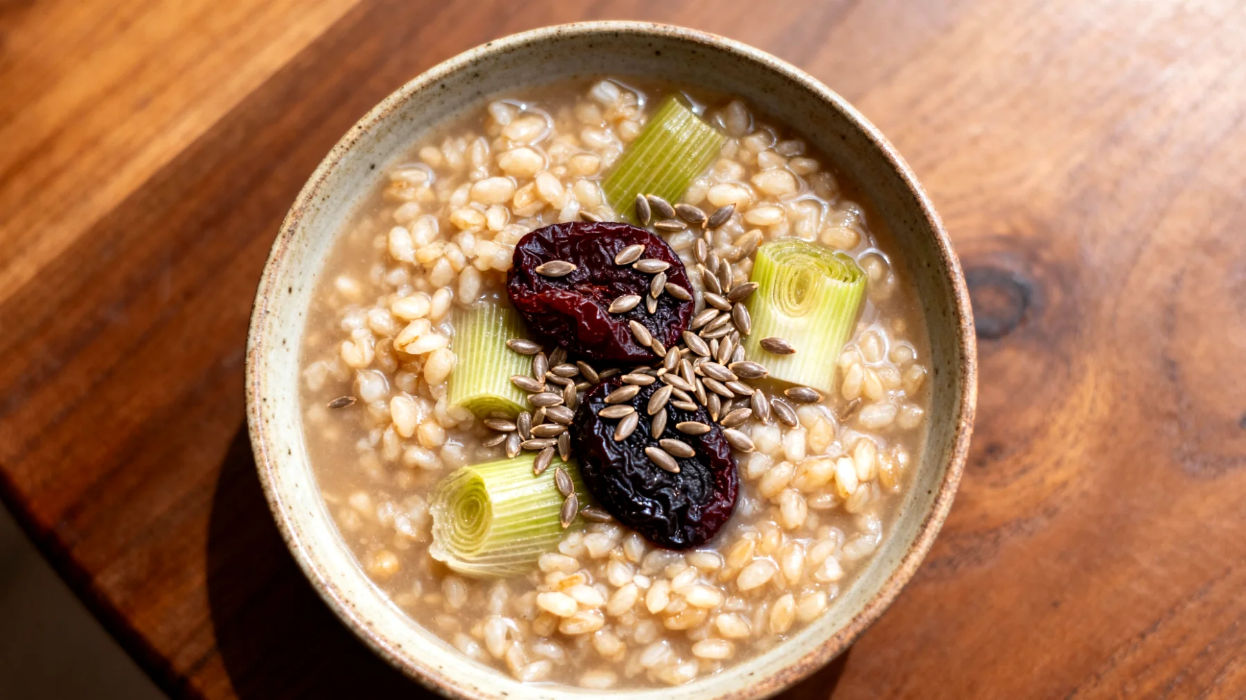 Gerstensuppe mit Fenchel, Pflaumen und Leinsamen"