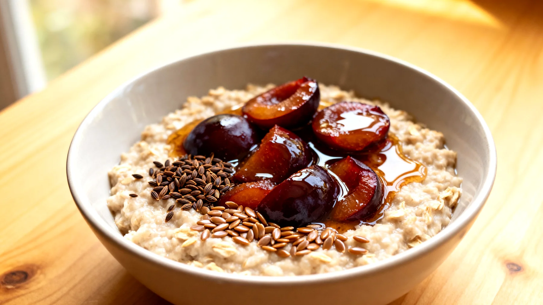 Hafer-Leinsamen-Porridge mit gedünsteten Pflaumen und Fenchelsamen"