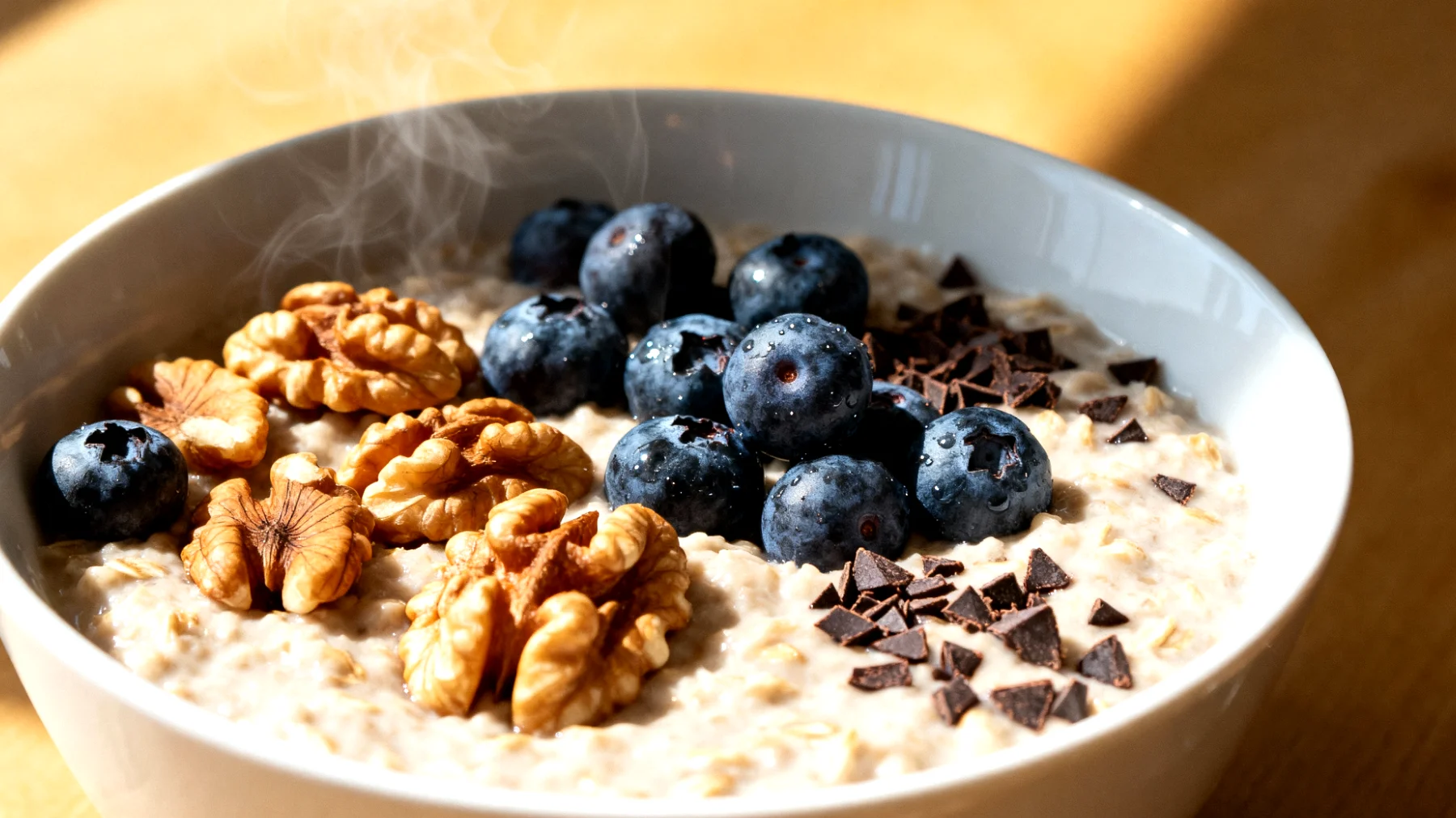 Hafer-Porridge mit Walnüssen, Blaubeeren und Kakao-Nibs"