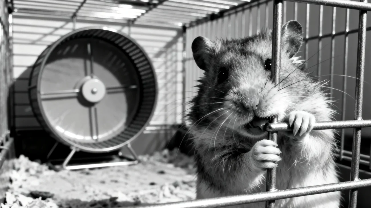 Hamster zeigen oft stereotypes Verhalten wie exzessives Gitternagen oder ständiges Laufen im Rad, was auf Unterforderung und mangelnde Beschäftigungsmöglichkeiten hindeutet"