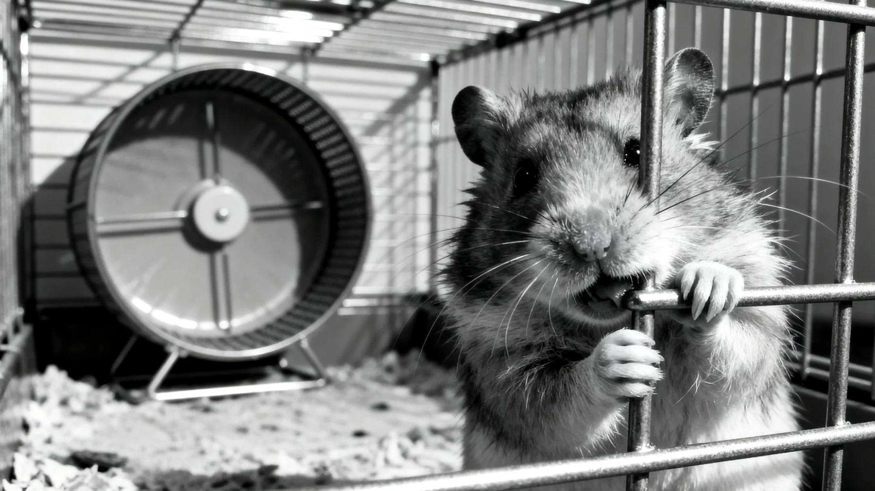 Hamster zeigen oft stereotypes Verhalten wie exzessives Gitternagen oder ständiges Laufen im Rad, was auf Unterforderung und mangelnde Beschäftigungsmöglichkeiten hindeutet"