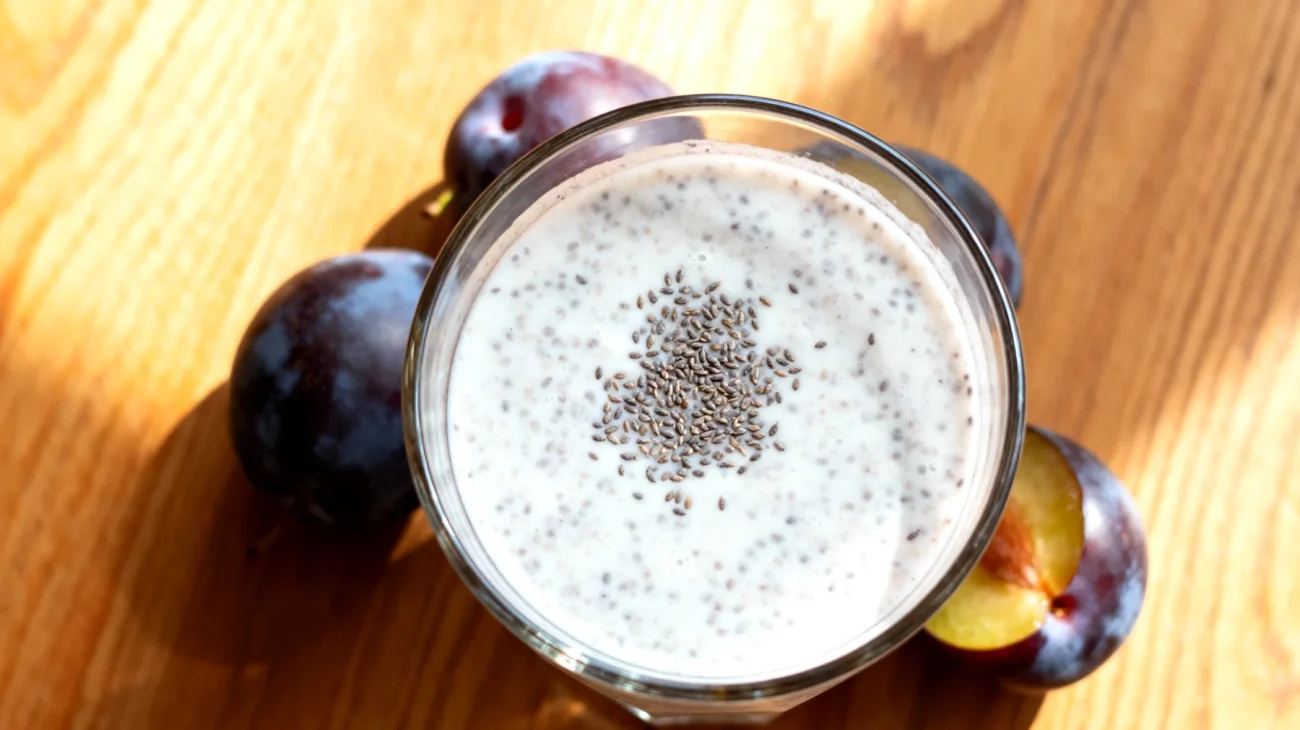 Kefir-Smoothie mit Flohsamenschalen und Pflaumen"