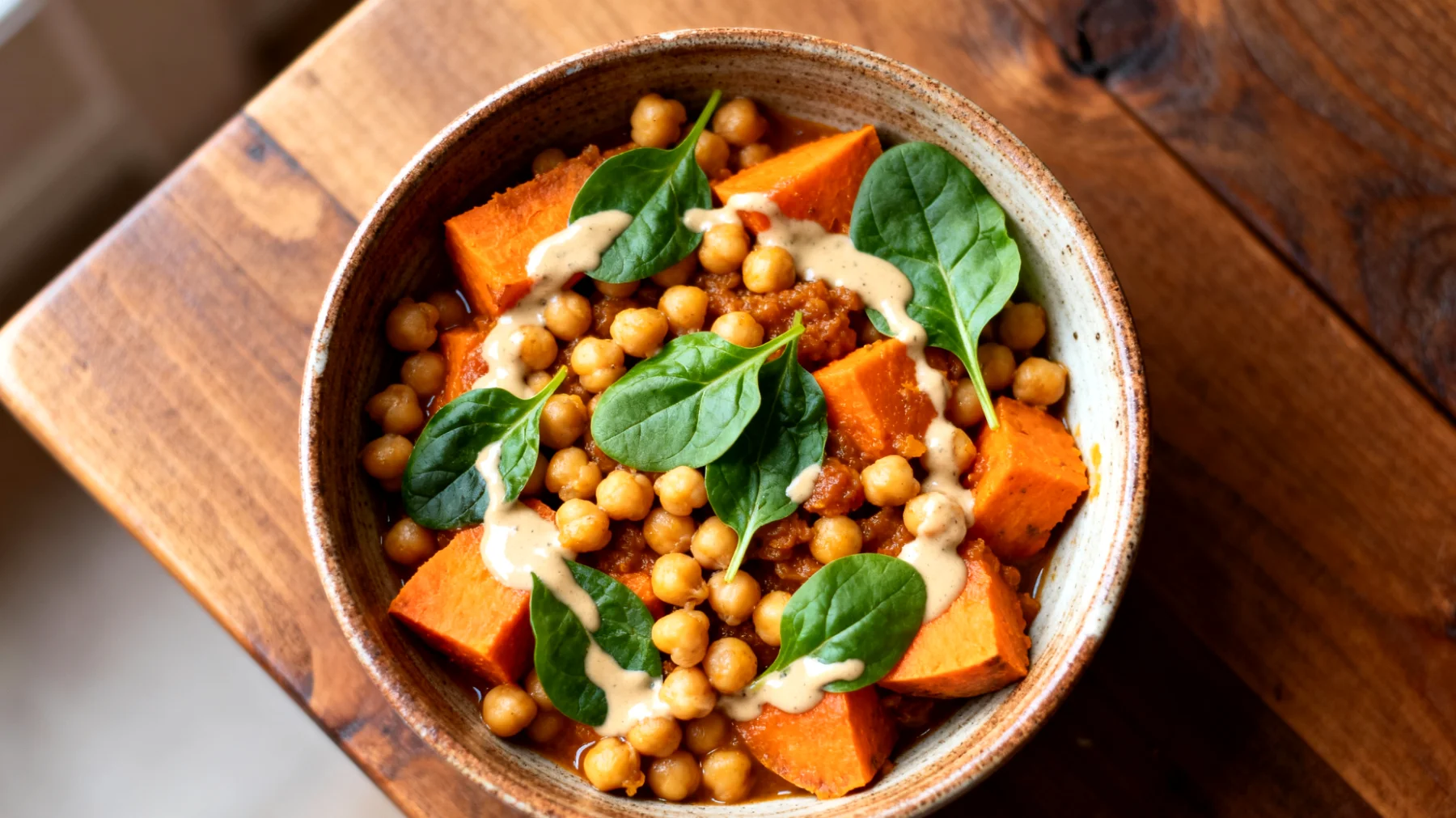 Kichererbsen-Süßkartoffel-Eintopf mit Tahini und Spinat"