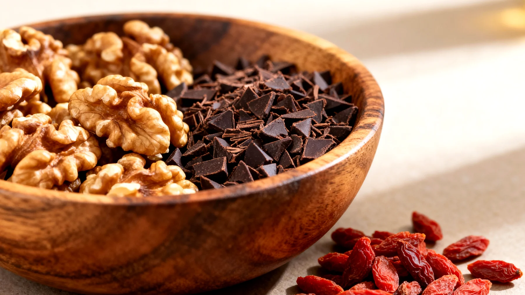 Walnüsse mit dunklen Kakao-Nibs und getrockneten Goji-Beeren"