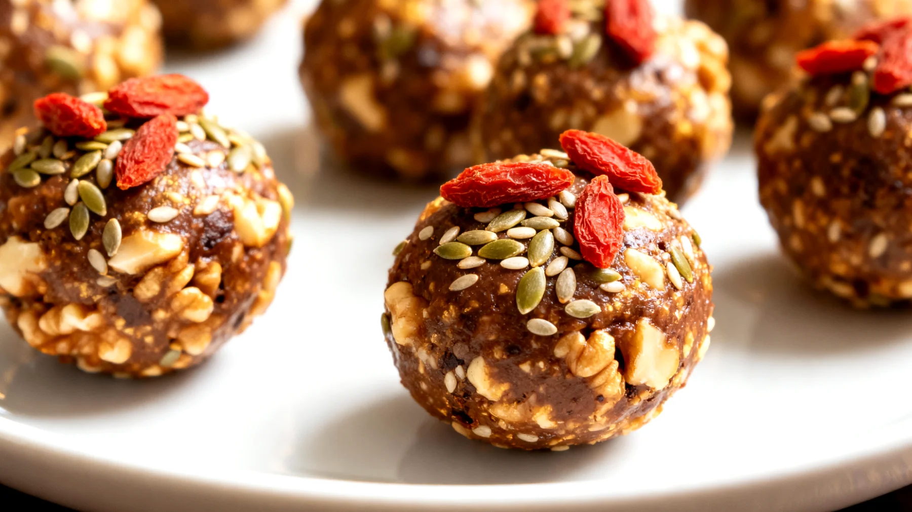 Walnuss-Kakao-Energiebällchen mit Goji-Beeren und Hanfsamen"